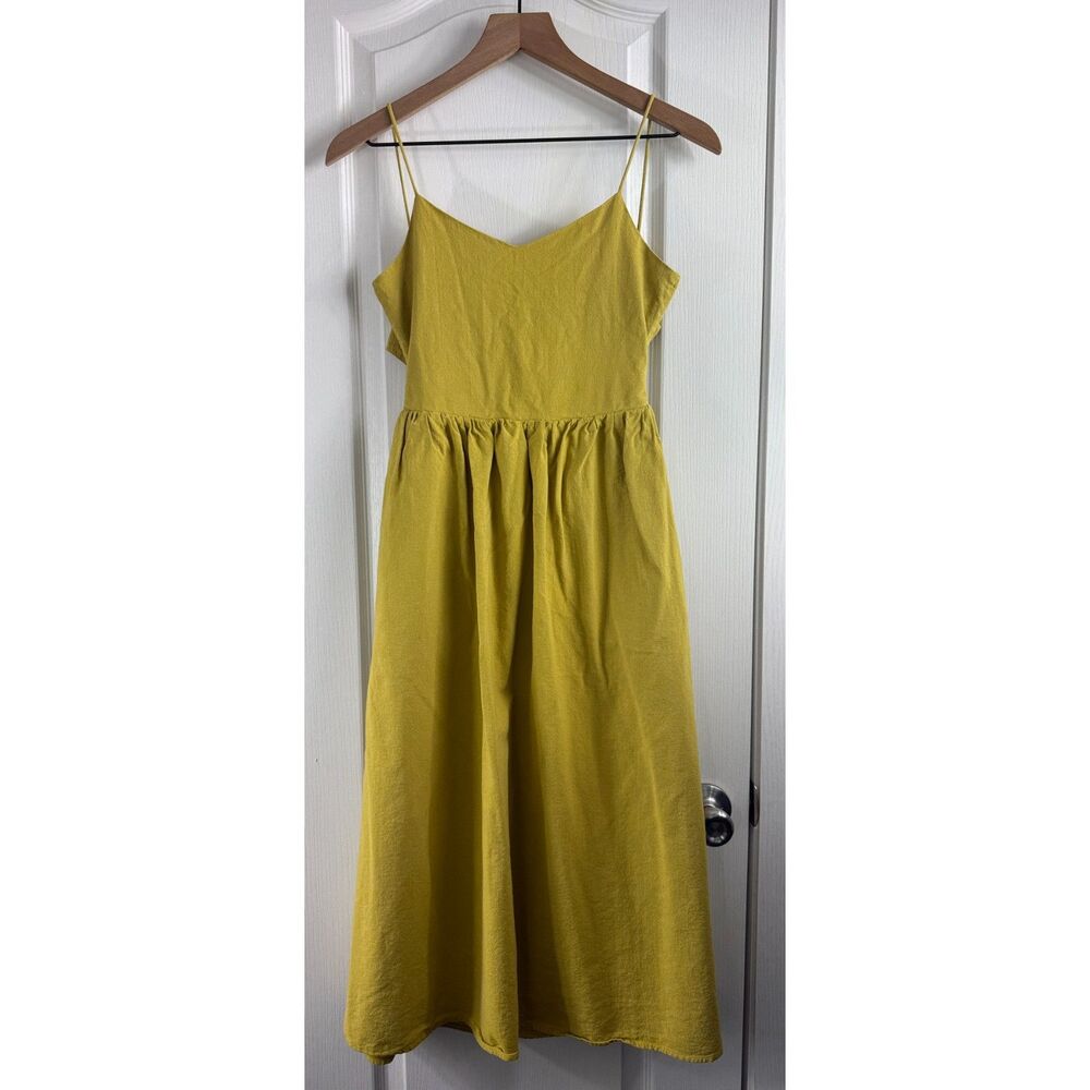 MEIER.Q Women’s Size S Mustard Yellow Tie Back Cutout Midi Dress Spaghetti Strap